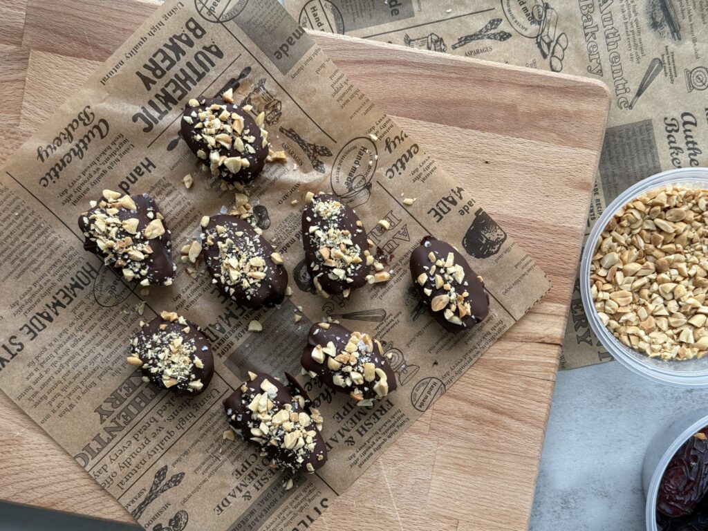 peanut butter stuffed dates covered in chocolate